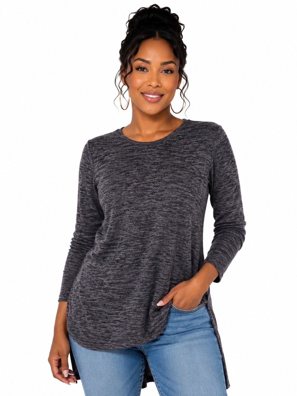 Women's Long Sleeve Heathered Tunic Top - Charcoal